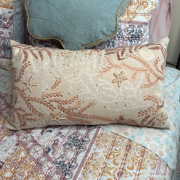 NEW Large Coastal Hand Embroidered w beads & Sequins Lumbar Pillow Beach Boho - Picture 6 of 17